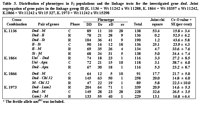 Text Box: Table 3. Distribution of phenotypes in F2 populations and the linkage tests for the investigated gene dnd. Joint segregation of gene pairs in the linkage group III (K. 1136 = Wt 11242 x Wt 11288, K. 1864 = Wt 10357 x Wt 11242, K.1866 = Wt 11242 x Wt 15 327, K. 1973 = Wt 11242 x Wt 15298

Cross Combination	Pair of genes	Phase	Phenotype	Total	Joint chi square	Cr-O value + SE (per cent)
			DD	Dr	rD	rr			
									
K. 1136	Dnd - M	C	89	11	10	28	138	53.4	15.8   3.4
	Dnd - B	R	78	21	28	9	136	0.2	52.5   6.2
	Dnd - St	R	104	36	41	9	190	1.2	43.6   5.8
	B - St	C	90	16	12	18	136	25.1	23.9   4.3
	B - M	R	69	35	26	4	134	4.7	33.6    7.6
	St - M	R	68	34	31	5	138	5.0	34.4    7.4
K. 1864	Uni* - Dnd	R	74	18	23	1	116	3.3	27.2    8.5
	Uni - Apu	C	72	21	15	10	118	3.1	38.7    6.0
	Dnd - Apu	R	67	30	18	1	116	5.3	23.2    8.7
K. 1866	Dnd - M	C	64	12	5	10	91	17.7	21.7    5.0
	Dnd - Chi 32	R	145	63	50	1	258	20.0	14.8    6.0
	M - Chi 32	R	47	22	19	1	89	5.8	22.3  10.0
K. 1973	Dnd - Lum2	R	204	64	71	1	339	20.9	14.6    5.3
	Dnd - M	C	149	28	23	28	228	32.6	26.5    3.5
	Lum2 - M	R	133	55	40	1	229	13.1	16.8   6.4
* The fertile allele unitac was included.
